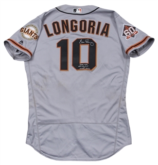2018 Evan Longoria Game Used, Signed & Inscribed San Francisco Giants Road Jersey (MLB Authenticated & JSA)